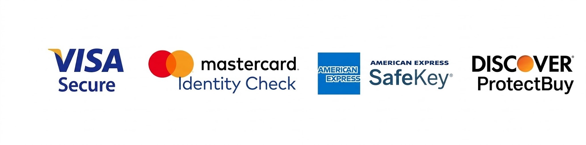 A horizontal layout displaying the logos of major 3D Secure brands: Visa Secure, Mastercard Identity Check, American Express SafeKey, and Discover ProtectBuy, arranged neatly side-by-side on a white background.